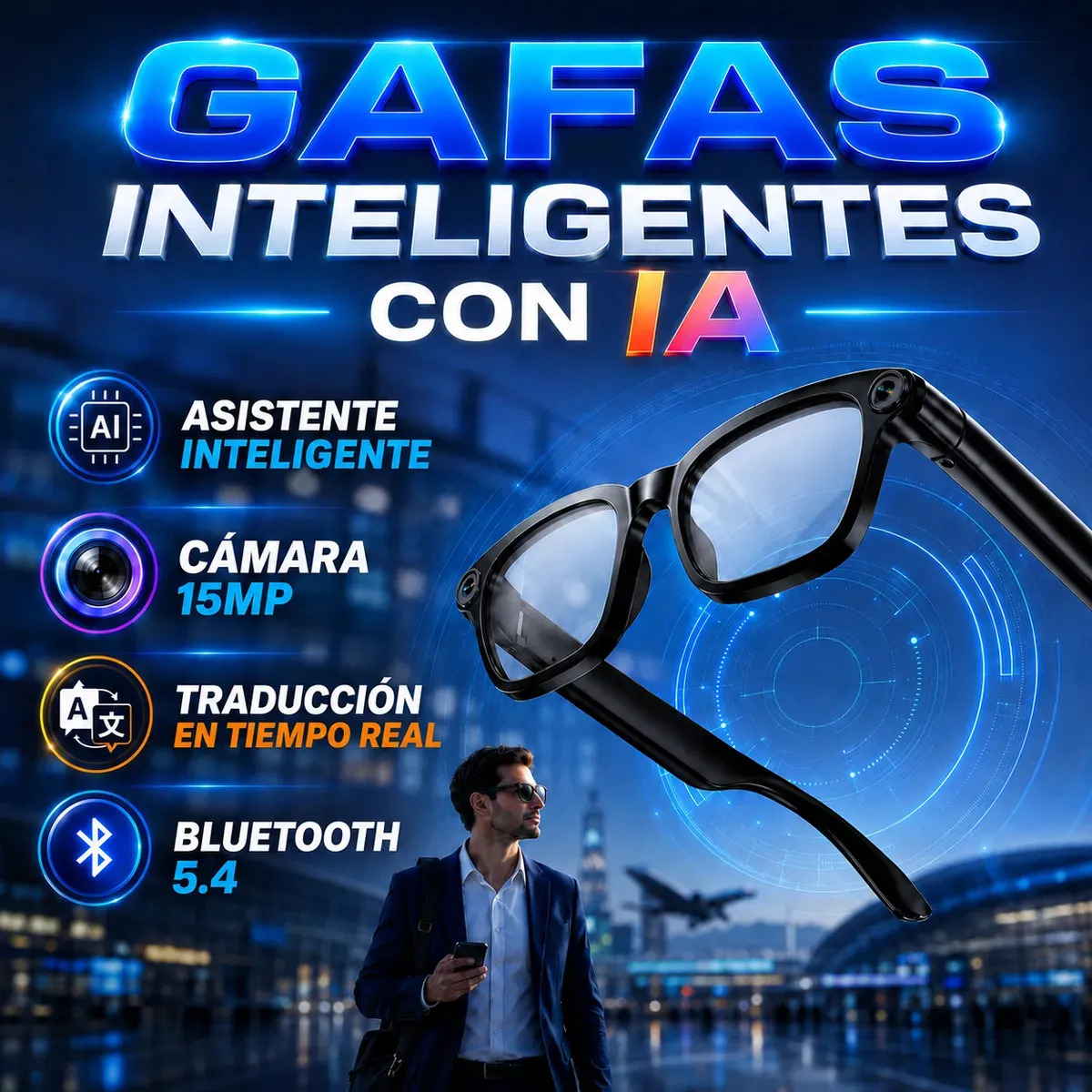 Lentes Inteligentes con IA Cámara 15MP POV para Grabar, Estabilización de Imagen, Gafas Inteligentes Bluetooth 5.4, Lentes con Cámara, Traductor en Tiempo Real 100 Idiomas y Asiste