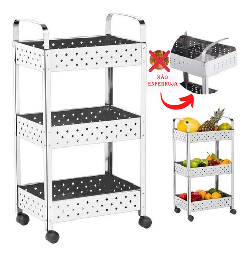Imagem 6 de 6 de Fruteira De Chão Organizadora Cozinha 3 Andares Inox Rodizio
