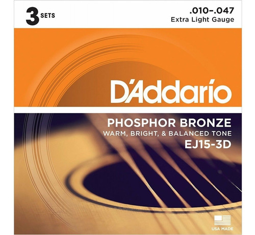Daddario Ej15-3d Pack De 3 Encordados Para Acústica .010