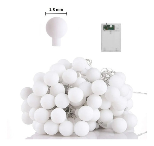 Imagen 2 de 8 de Luces Decorativa Cálidas Bolita Blanca 50 Led 5 Mt A Pilas-*