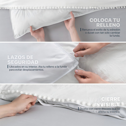 Funda De Edredón Duvet Queen Size Micro-luxe Esquimal Con Pompones Y Fundas De Almohada Blanco | Microfibra Tipo Lino Prelavado Blanco Lisa