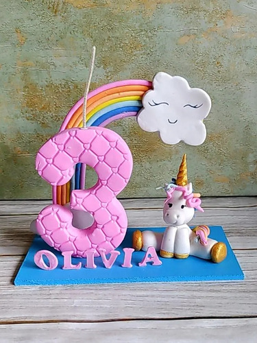 Vela Número Unicornio Con Arcoiris + Bengala