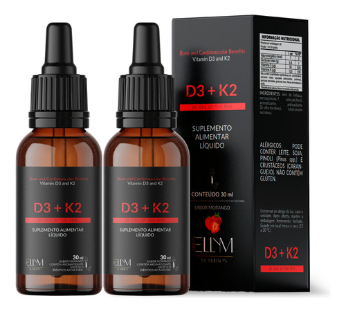 Kit 2un Vitamina D3 2000ui + Vitamina K2 Mk7 Gotas 30ml Sabor Morango