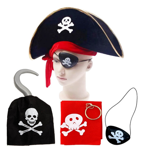 Kit Fantasia Pirata Chapéu Gancho Tapa Olho Brinco Kit 5 Pçs