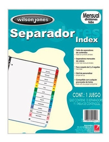 Separador Acco Wj Mensual Carta Cejas De Colores - P1368 /vc