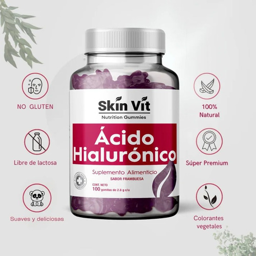 Gomitas Acido Hialuronico Premium Hidratación Y Elasticidad Sabor Frambuesa Skin Vit | Colágeno Hidrolizado, Biotina y Ácido Fólico