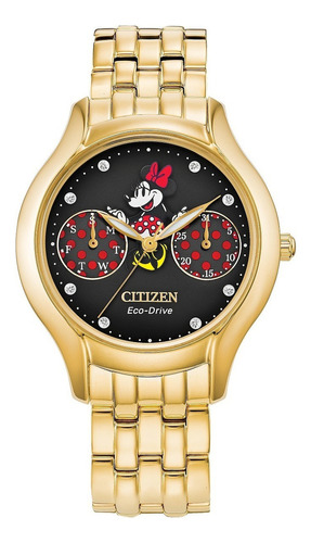 Reloj Citizen Disney Minnie Mouse Fd401855w Dama Color De La Correa Dorado Color Del Bisel Dorado Color Del Fondo Negro