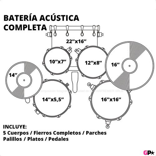 Bateria Acustica Completa 5 Cuerpos Platos Fierros Color Blanco