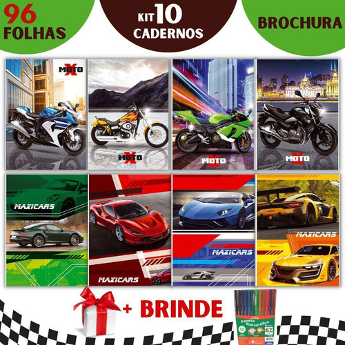 Kit 10 Cadernos Brochura 96fls Menino Capa Dura Carros Motos