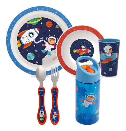 Kit Astronauta Pratinho Bowl Copo Talheres Garrafa Buba