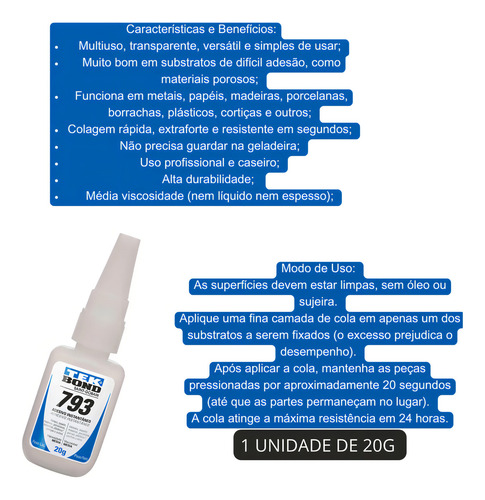 Cola Instantânea Tek Bond 793 20g Super Bond Top Qualidade - Transparente