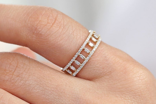 Anel De Dupla Fileira De Diamante Micro Pave Em Ouro 18k