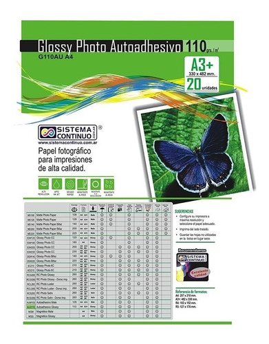 Papel Fotografico Glossy Autoadhesivo 110gr A3+ X 20 Hojas