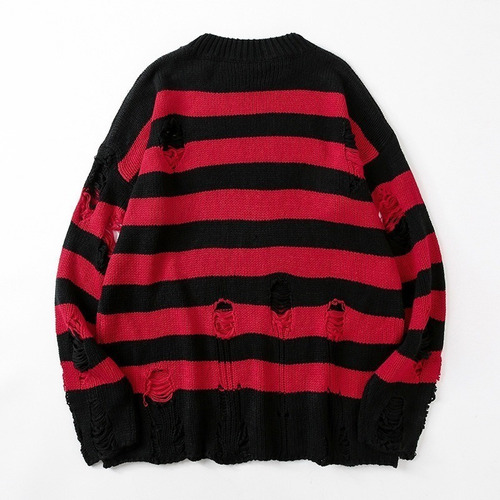 Negro Rojo Suéteres De Rayas Lavado Destruido Ripped Suéter
