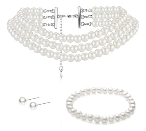 Gionforsy White Pearl Necklace Jewelry Set Muti Strand Pearl