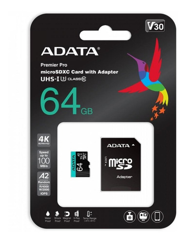 Imagen 2 de 4 de Tarjeta De Memoria Adata Ausdx64gui3v30sa2-ra1 Premier Pro Con Adaptador Sd 64gb