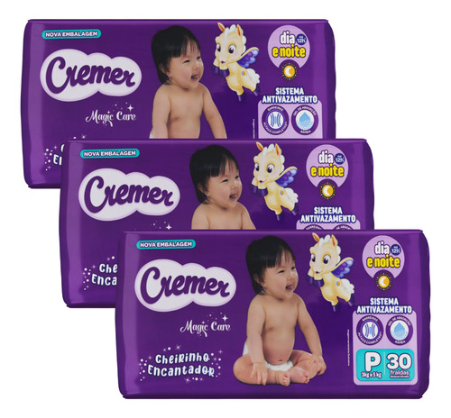 3x Fralda Cremer Magic Care Jumbo P (3 A 5 Kg) Pct C/ 30 Uni P Sem Gênero