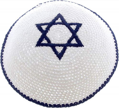 Kippah Judío De Punto Blanco Con Estrella De Magen David