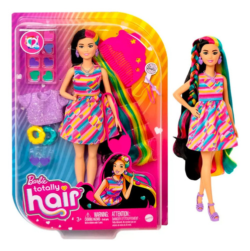 Barbie Muñeca Pelo Negro Con Colores + Accesorios Febo