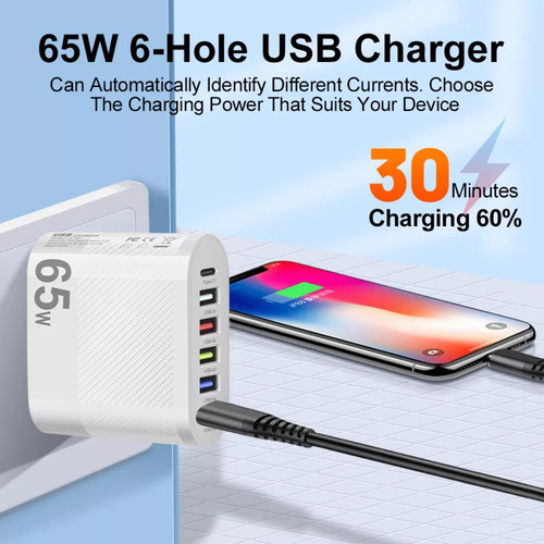 Cargador Usb 65 W Carga Rápida 5 Usb A + 1 Usb C