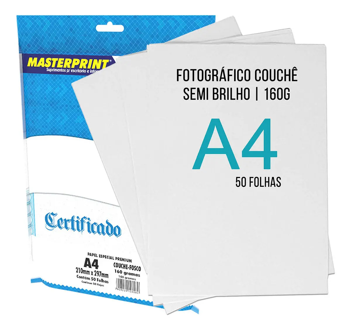 Papel Couché A4 160g Semi Brilho Branco 50 Folhas Masterprint