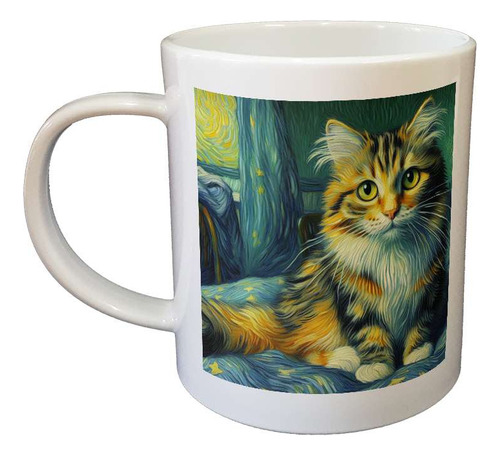 Taza Plastico Gato Naranja Estilo Van Gogh Muy Tierno