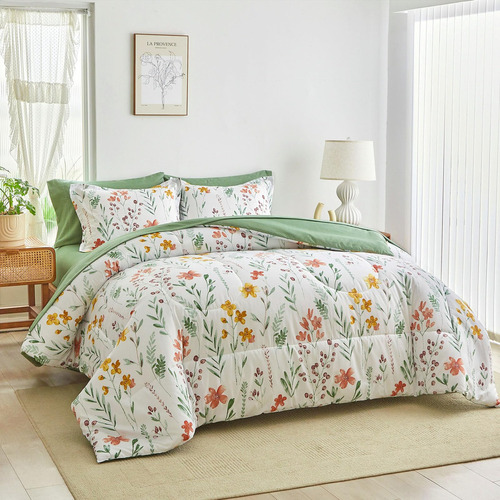 Aikasy - Juego De Cama De 7 Piezas, Estampado Floral, Microf