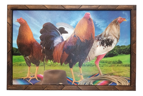 Cuadro De Gallos Con Marco De Madera 60cmx90cm (#2)