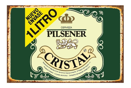 1 Cartel Metalico Letrero Cerveza Cristal 1 Litro 40x28 Cms