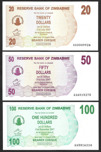 Grr-3 Billetes Provisionales Zimbabwe 20,50,100 Dollars 2006