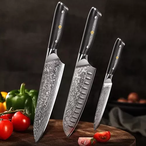 Cuchillo De Chef Santoku Alveolado Sunnecko. Acero Damasco Japones VG-10 -  Cuchillos Importados