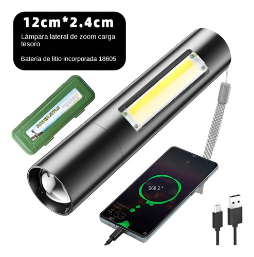 Linterna Táctica Led Recargable,impermeable, Luz Cob Lateral