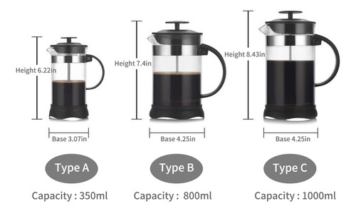 Cafetera French Press, Calefacción, 800 Ml, Filtro De Acero