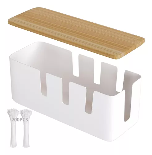 Caja organizadora de cables - Caja de gestión de cables, 12x5x4.5 pulgadas,  tapa de madera, caja de gestión de cables con ataduras de cables,  organizador de cables para TV de escritorio