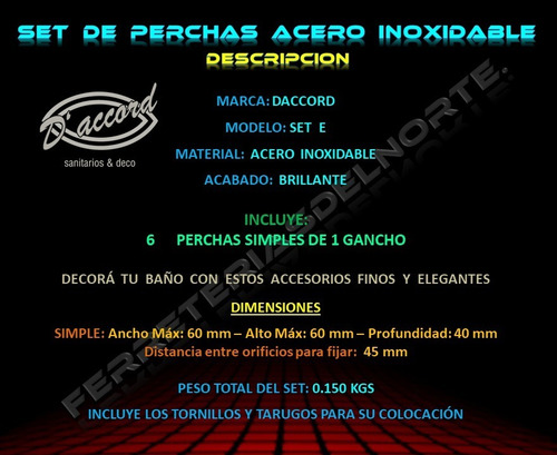Imagen 2 de 6 de Perchas Acero Inoxidable Daccord Set E - 6 Unidades - Fdn