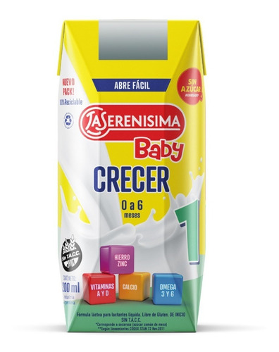 Imagen 1 de 2 de Leche La Serenisima Baby 1 Crecer X 3 Packs 24 Bricks 200ml