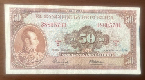 Billete De Colombia 50 Pesos 1967