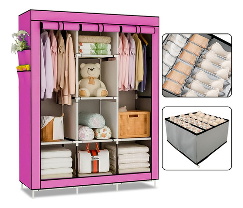 Estocasa kit guarda roupa e caixa organizadora dobrável armário casal cor rosa liso