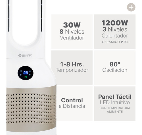 Ventilador Purificador Calentador 3 En 1 Esquimal, 8 Velocidades, 3 Niveles De Calefacción, Temporizador, (Chico, Dorado - Blanco)