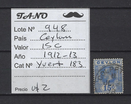 Lote948 Ceylan 15 Cent. Año 1912-13 Yvert# 183