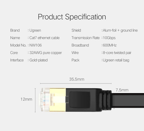 Imagen 5 de 9 de Cable Ethernet Rj45 Cat7 10gbp Lan Cable Stp 20metros Ugreen