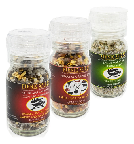 Kit 3frascos Mixtos De Sal En Grano Y Especias Con Molinillo