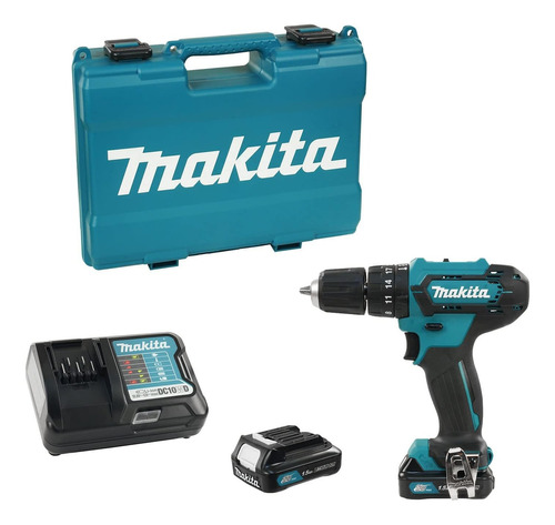 Taladro percutor atornillador inalámbrico de 10mm Makita HP333DWYE 12V + 2 baterías de 1.5Ah + accesorio con maletín de transporte