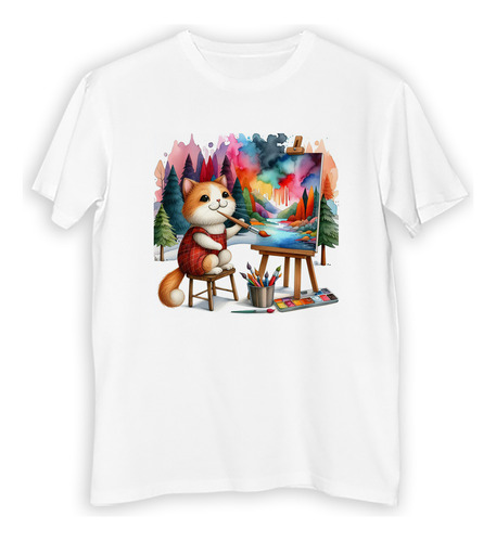 Remera Hombre Gato Vestido Artista Pinta Con Acuarela