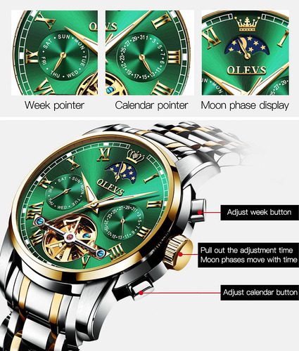 Reloj Olevs Green Automatic Mechanical Moon Phase Para Hombr