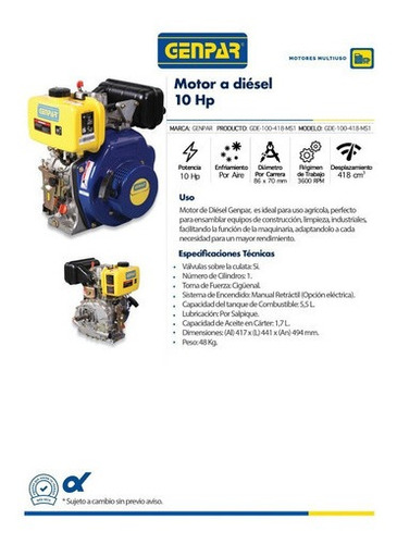 Imagen 2 de 3 de Motor Agricola Diesel 10hp Eje Std 1 3600 Rpm Genpar Drop