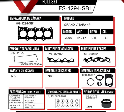 Kit Juego Empacadura Chevrolet Grand Vitara 2.0 * Completo *