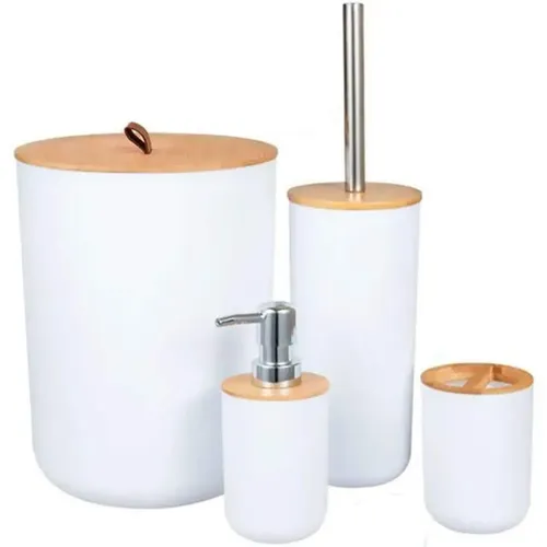 Kit Banheiro Conjunto Acessórios Banheiro Lavabo Bambu 4 Peças Lixeira Escova Sanitária Dispenser Saboneteira Porta Escova Redondo Branco Shokki