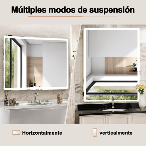 Banna Espejo Led Para Baño 70x90cm Touch 3 Modo Con Función Antiva, Color Y Brillo De La Luz Ajustables, Tamaño: 70 cm x 90 cm, Modo De Luz: Luz Blanca, Luz Blanca Cálida Y Luz Amarilla Cálida