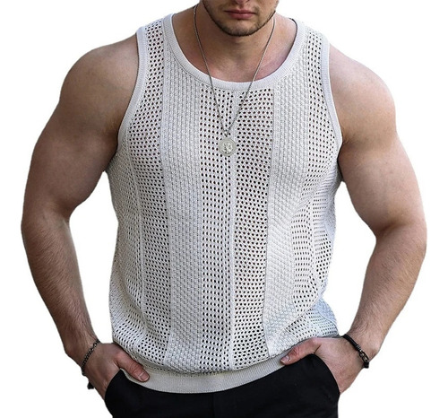 Camiseta Sin Mangas De Punto A Rayas Para Hombre, Casual, Pa